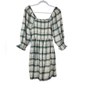 Madewell Lucie Elbow Sleeve Smocked Mini Dress in Lebaum Plaid Small